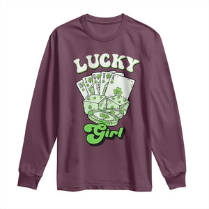 Funny St Patrick's Day Casino Games Long Sleeve Shirt Lucky Girl Shamrock Casino Poker Chips Cards TS11 Maroon Print Your Wear