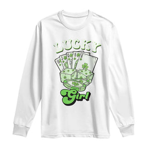 Funny St Patrick's Day Casino Games Long Sleeve Shirt Lucky Girl Shamrock Casino Poker Chips Cards TS11 White Print Your Wear