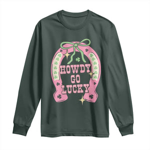 Funny St Patrick's Day Cowgirl Coquette Long Sleeve Shirt Howdy Go Lucky Pink Horseshoe TS11 Dark Forest Green Print Your Wear