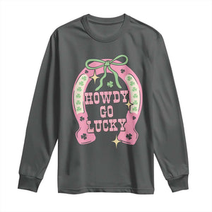 Funny St Patrick's Day Cowgirl Coquette Long Sleeve Shirt Howdy Go Lucky Pink Horseshoe TS11 Dark Heather Print Your Wear