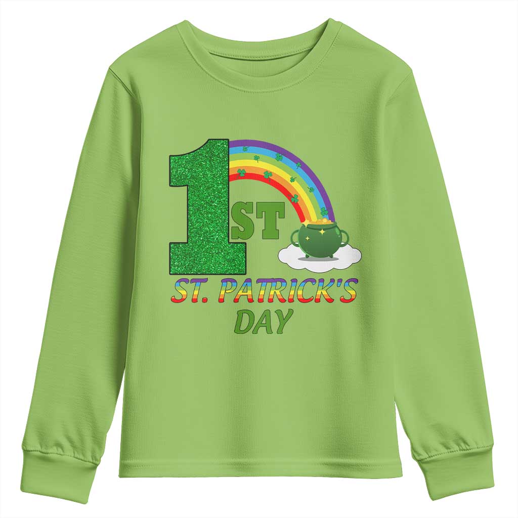 Funny First 1st St Patrick's Day Youth Sweatshirt Shamrock Rainbow Glitter Print TS11 Lime Print Your Wear
