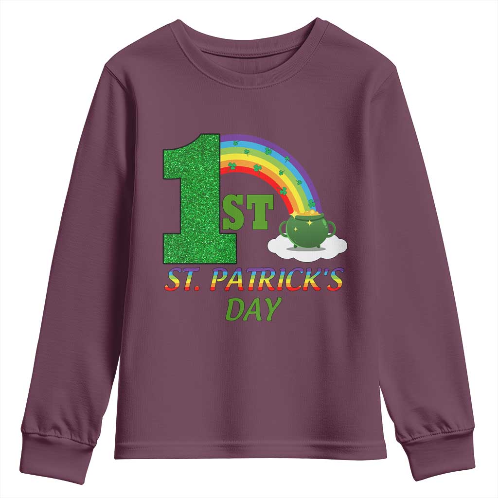 Funny First 1st St Patrick's Day Youth Sweatshirt Shamrock Rainbow Glitter Print TS11 Maroon Print Your Wear