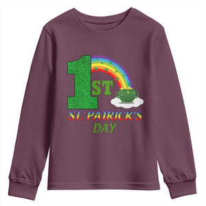 Funny First 1st St Patrick's Day Youth Sweatshirt Shamrock Rainbow Glitter Print TS11 Maroon Print Your Wear