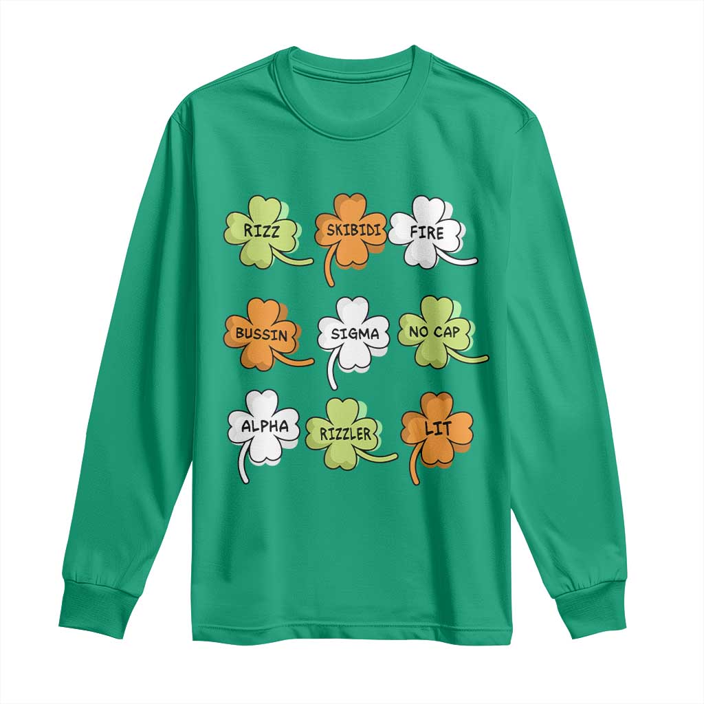 Funny Skibidi Rizz St Patrick's Day Long Sleeve Shirt Shamrock Clover Candy Rizzler Meme TS11 Irish Green Print Your Wear