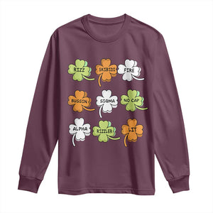 Funny Skibidi Rizz St Patrick's Day Long Sleeve Shirt Shamrock Clover Candy Rizzler Meme TS11 Maroon Print Your Wear