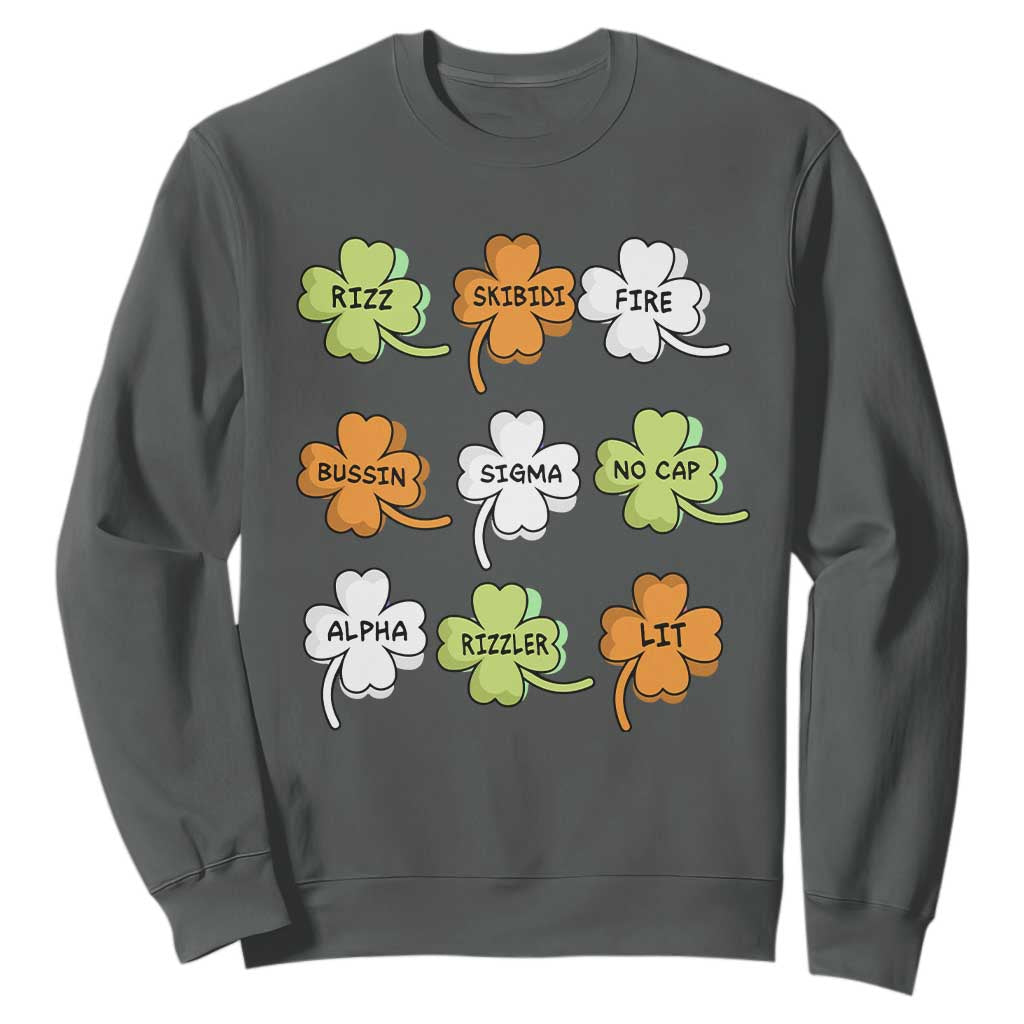 Funny Skibidi Rizz St Patrick's Day Sweatshirt Shamrock Clover Candy Rizzler Meme TS11 Dark Heather Print Your Wear