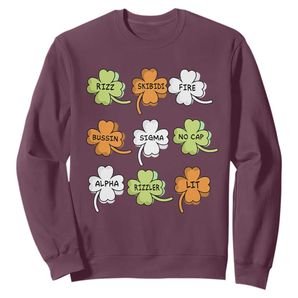Funny Skibidi Rizz St Patrick's Day Sweatshirt Shamrock Clover Candy Rizzler Meme TS11 Maroon Print Your Wear