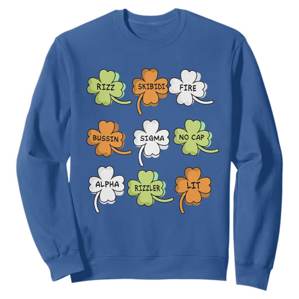 Funny Skibidi Rizz St Patrick's Day Sweatshirt Shamrock Clover Candy Rizzler Meme TS11 Royal Blue Print Your Wear