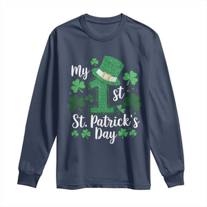 Funny My 1st St Patrick's Day Long Sleeve Shirt Shamrock Glitter Print TS11 Navy Print Your Wear