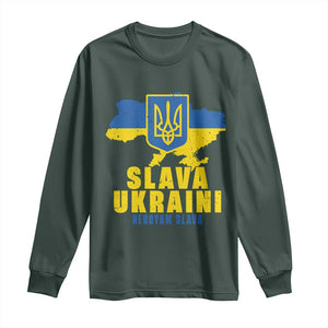 Slava Ukraini Heroyam Slava Long Sleeve Shirt Vintage Ukrainian Flag TS11 Dark Forest Green Print Your Wear