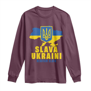 Slava Ukraini Heroyam Slava Long Sleeve Shirt Vintage Ukrainian Flag TS11 Maroon Print Your Wear