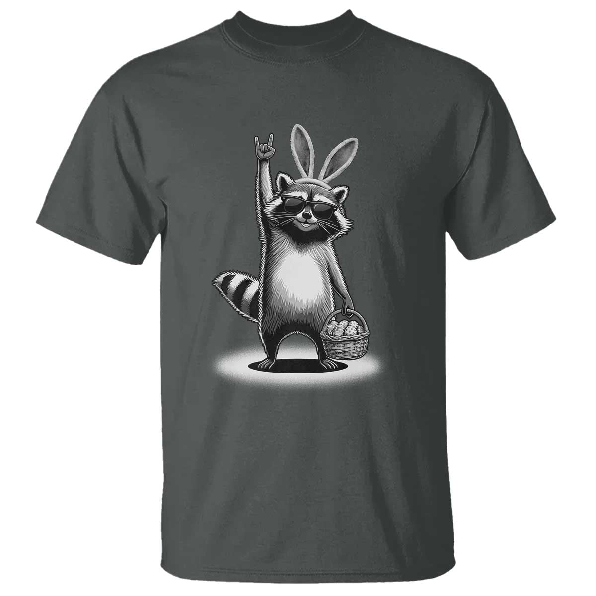 Retro Easter Raccoon Bunny Rock Hand Trash Panda T Shirt TS11 Dark Heather Print Your Wear