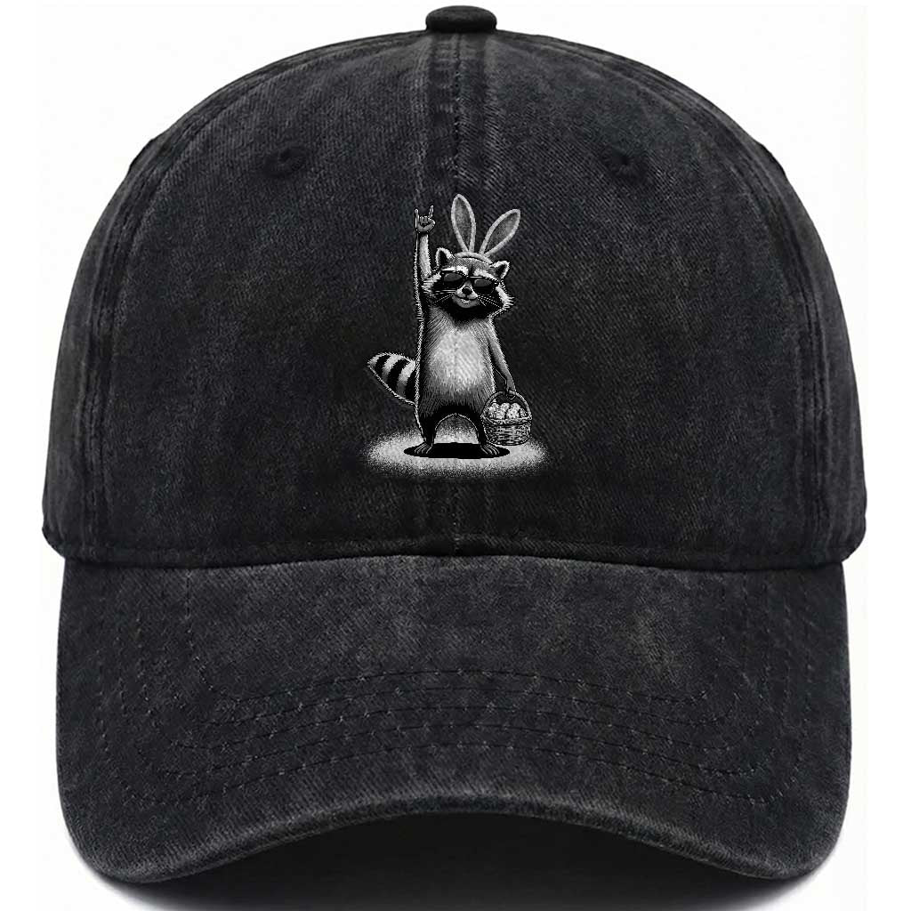 Retro Easter Raccoon Bunny Rock Hand Trash Panda Washed Cotton Baseball Cap TS11 Print Your Wear