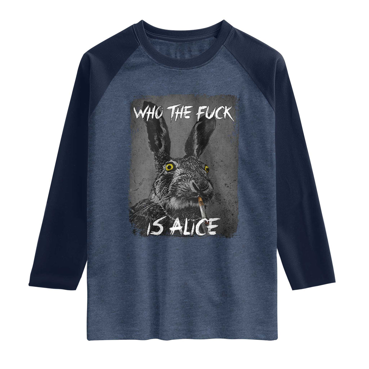 Funny Rabbit Who The Fuck Is Alice Raglan Shirt TS11 Heather Denim Navy Print Your Wear