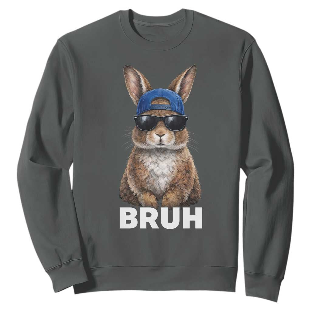 Funny Easter Bruh Bunny Sunglasses Meme Sweatshirt TS11 Dark Heather Print Your Wear