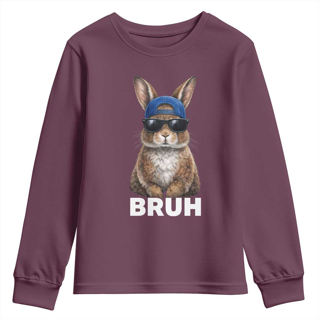 Funny Easter Bruh Bunny Sunglasses Meme Youth Sweatshirt TS11 Maroon Print Your Wear