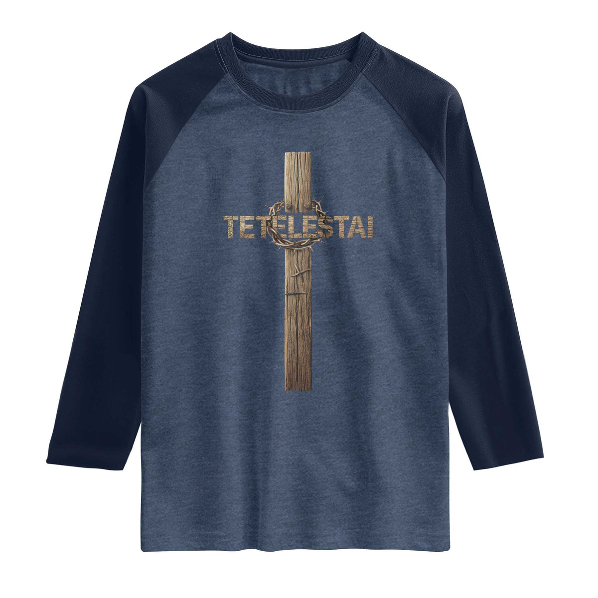 Christian Easter Resurrection Day Tetelestai Religious Cross Raglan Shirt TS11 Heather Denim Navy Print Your Wear
