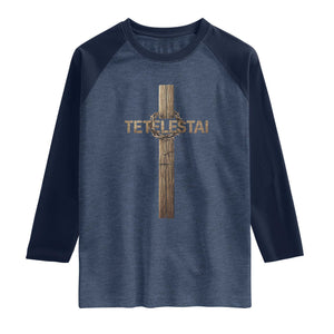 Christian Easter Resurrection Day Tetelestai Religious Cross Raglan Shirt TS11 Heather Denim Navy Print Your Wear