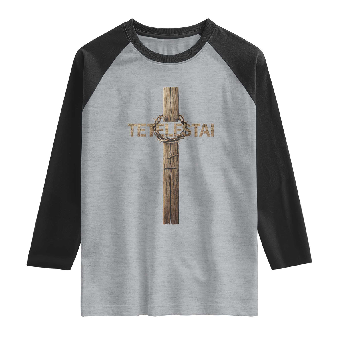 Christian Easter Resurrection Day Tetelestai Religious Cross Raglan Shirt TS11 Heather Gray Black Print Your Wear