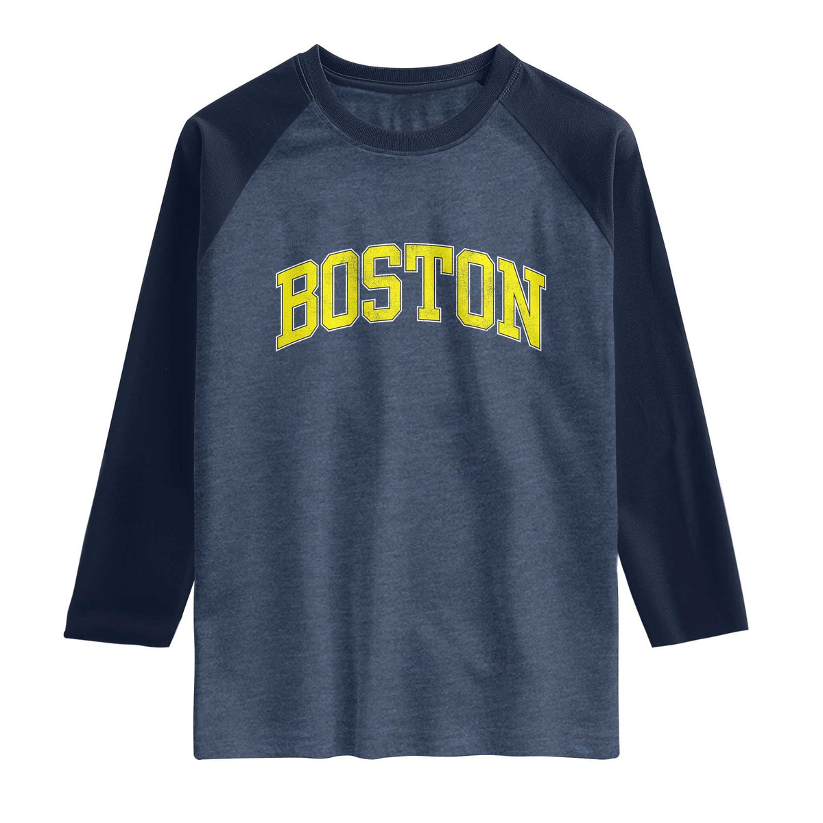 Retro Yellow Boston Massachusetts MA Vintage Throwback Running Raglan Shirt TS11 Heather Denim Navy Print Your Wear