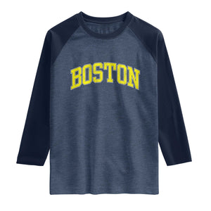 Retro Yellow Boston Massachusetts MA Vintage Throwback Running Raglan Shirt TS11 Heather Denim Navy Print Your Wear