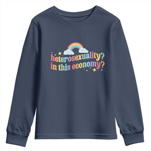 Funny Heterosexuality In This Economy Youth Sweatshirt Rainbow LGBTQ+ Pride TS11 Navy Print Your Wear