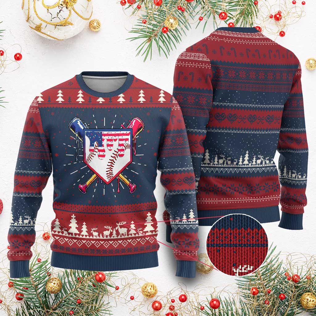 Funny Ice Cream Baseball Drip American Flag Knit Sweatshirt 4th Of July TS11 Burgundy Print Your Wear