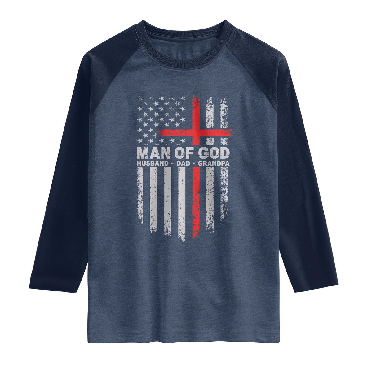 Man of God Husband Dad Protector Raglan Shirt Christian Dad Fathers Day TS11 Heather Denim Navy Print Your Wear