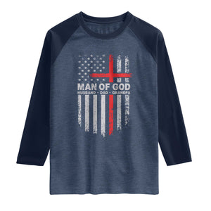 Man of God Husband Dad Protector Raglan Shirt Christian Dad Fathers Day TS11 Heather Denim Navy Print Your Wear