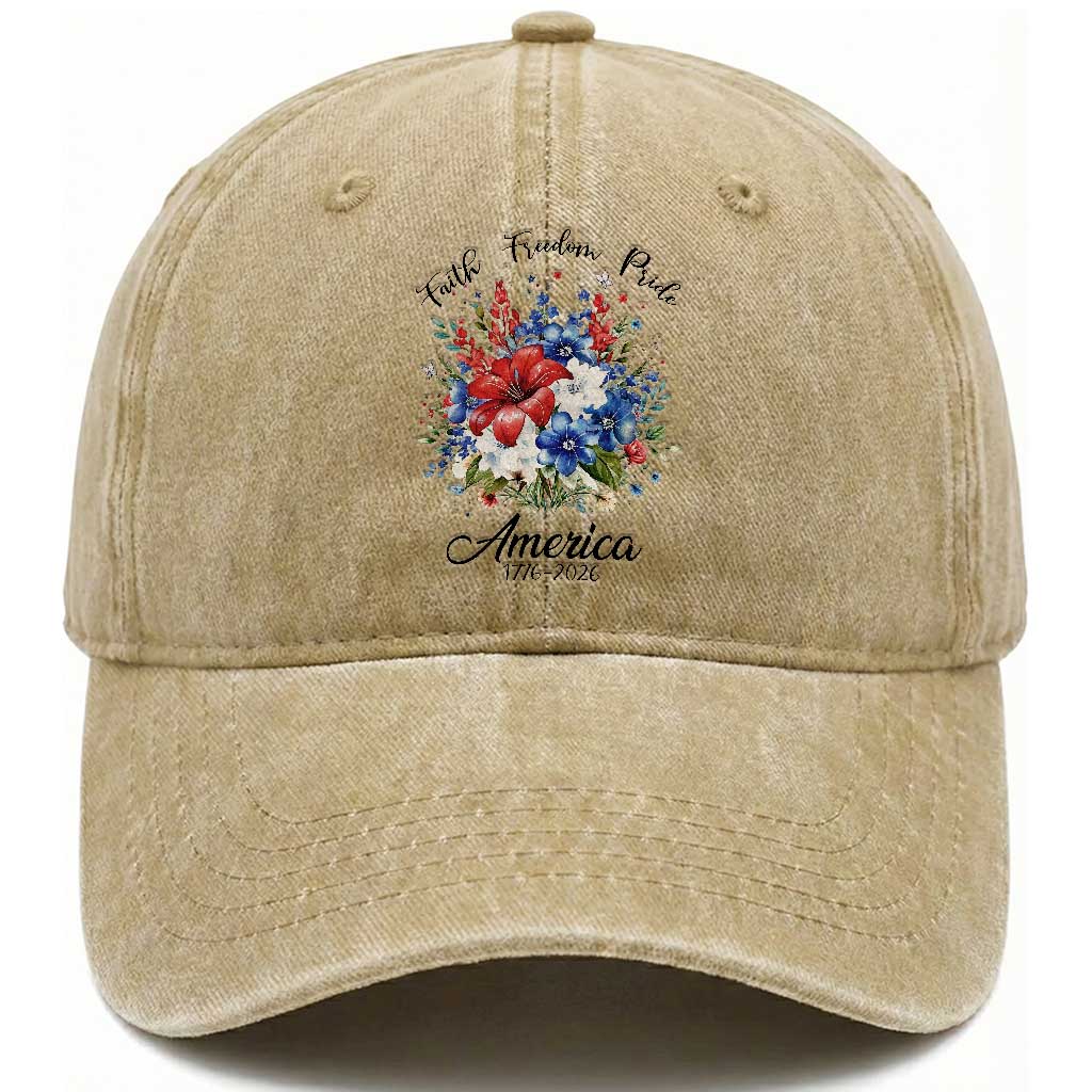 Floral 250th Anniversary Washed Cotton Baseball Cap Faith Freedom Pride 4th of July 1776 2026 TS11 Print Your Wear
