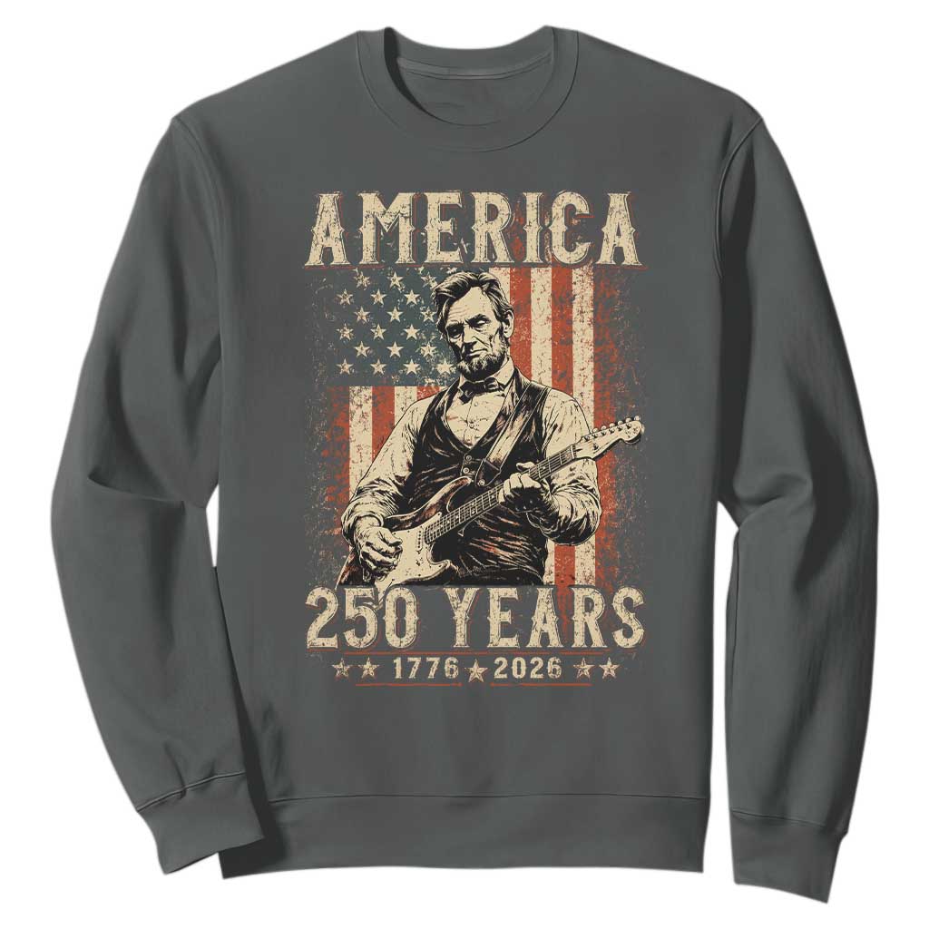 Abraham Lincoln Playing Guitar 4th July US 250th Anniversary Sweatshirt TS11 Dark Heather Print Your Wear