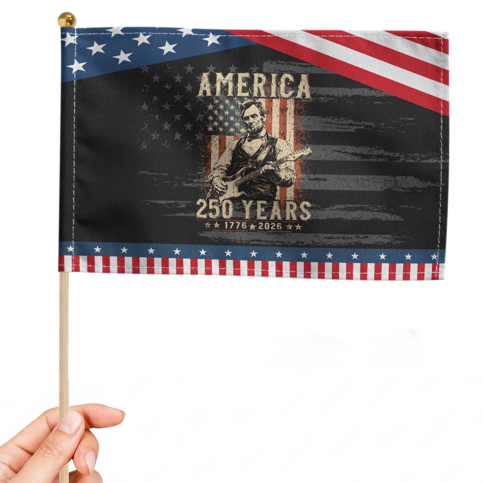 Abraham Lincoln Playing Guitar 4th July US 250th Anniversary Patriotic Handheld Flag TS11 Distressed 8.2