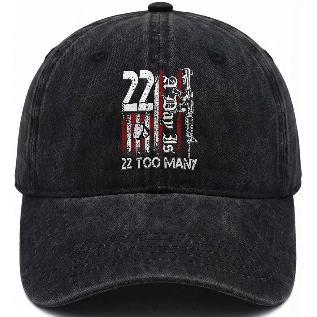 Suicide Awareness PTSD Veteran Washed Cotton Baseball Cap 22 A Day Is Too Many Vintage American Flag TS11 Washed Cap Universal Fit Black Print Your Wear