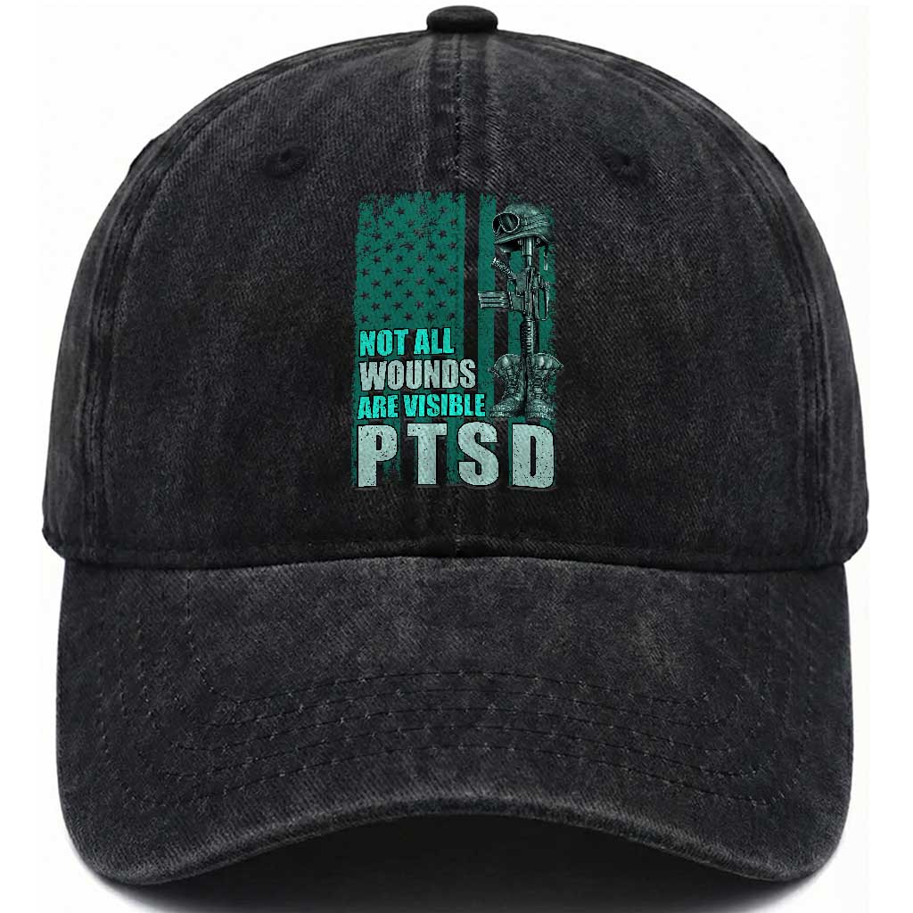 PTSD Awareness Not All Wounds Are Visible Washed Cotton Baseball Cap PTSD Veteran Military Soldier TS11 Washed Cap Universal Fit Black Print Your Wear