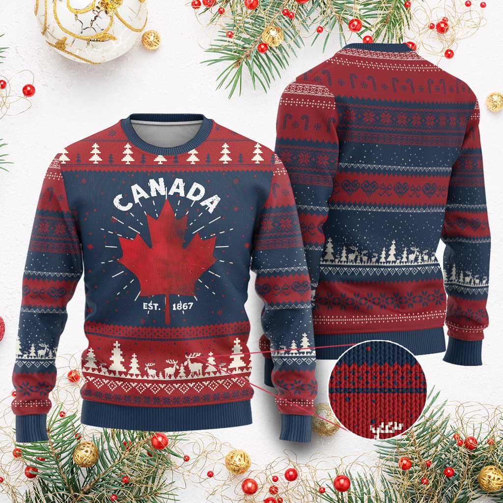 Funny Proud Canadian Canada EST 1867 Knit Sweatshirt Vintage Maple Leaf TS11 Burgundy Print Your Wear