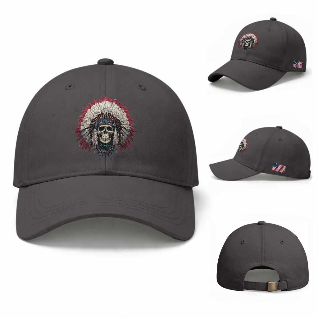 Native American Indian Chief Skull Headdress Baseball Cap TS11 Baseball Cap Universal Fit Dark Gray Print Your Wear