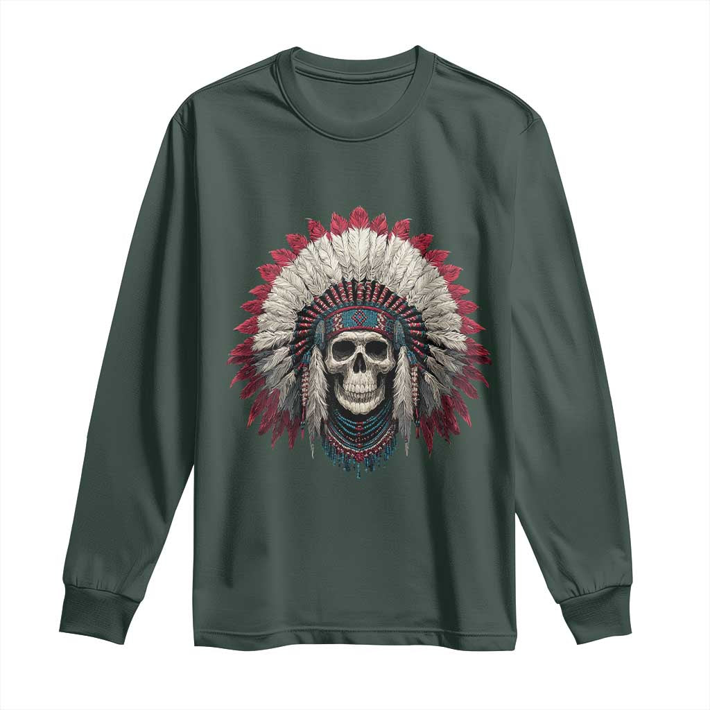 Native American Indian Chief Skull Headdress Long Sleeve Shirt TS11 Dark Forest Green Print Your Wear