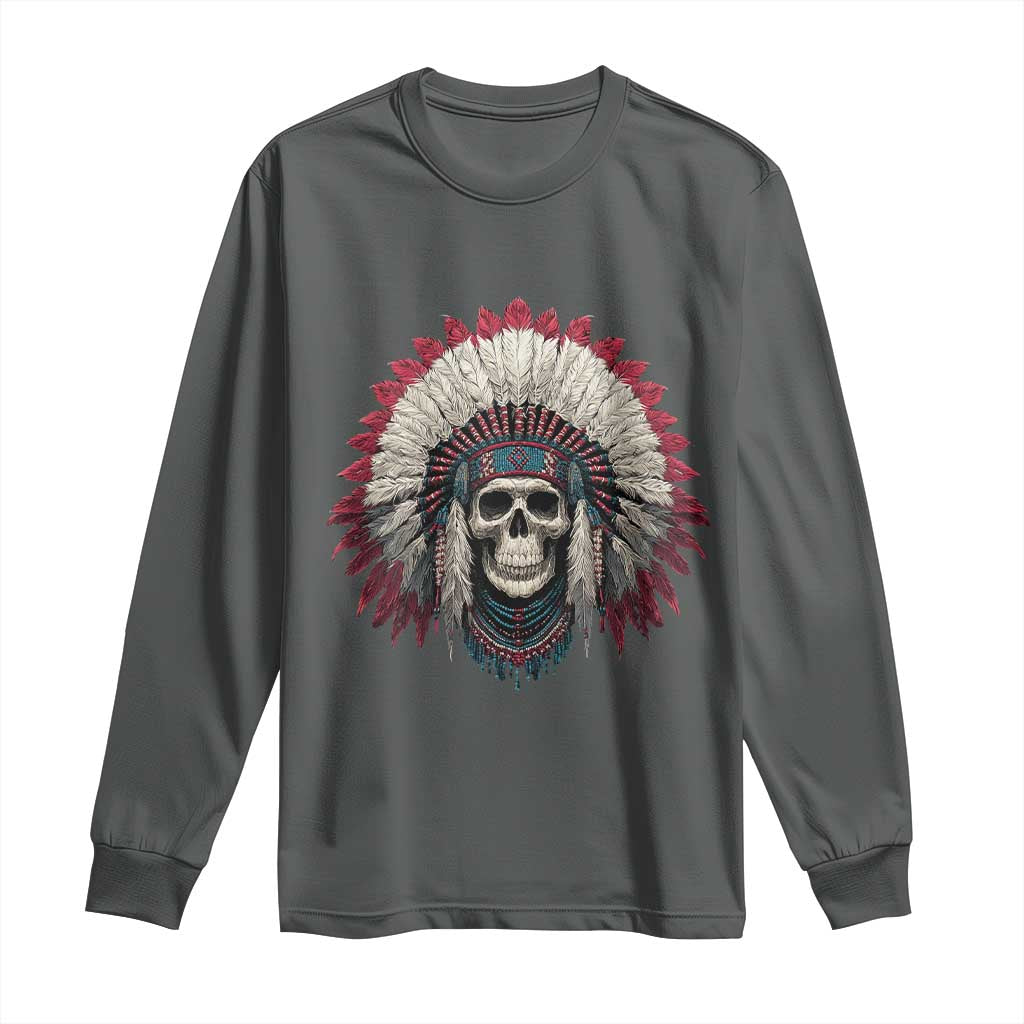 Native American Indian Chief Skull Headdress Long Sleeve Shirt TS11 Dark Heather Print Your Wear