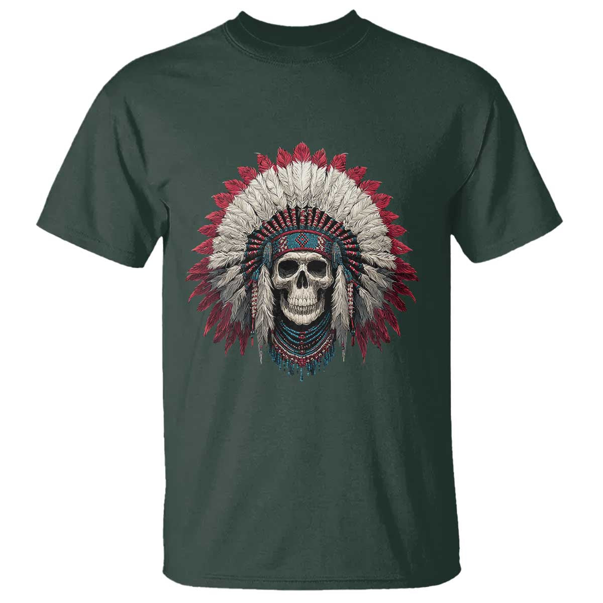 Native American Indian Chief Skull Headdress T Shirt TS11 Dark Forest Green Print Your Wear