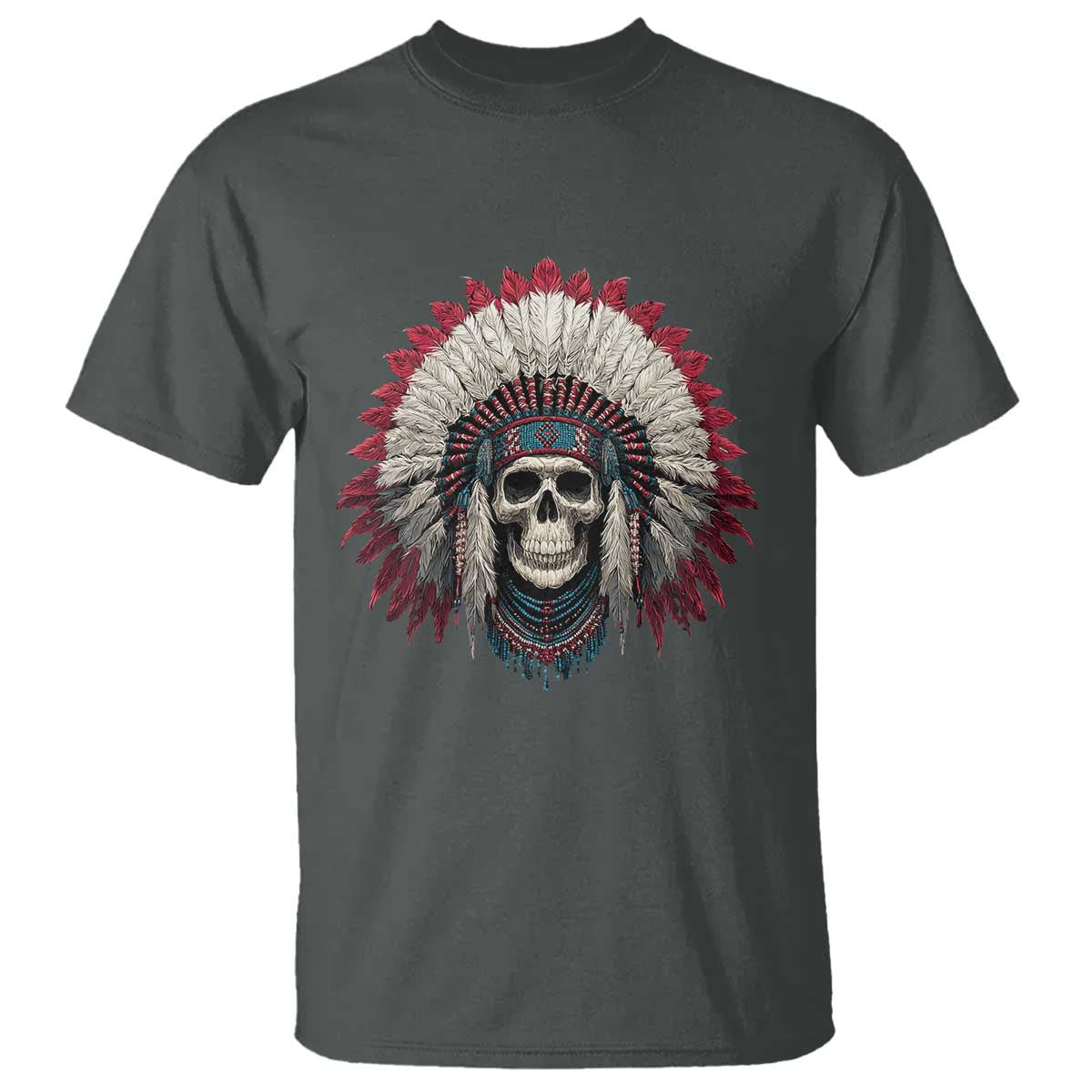 Native American Indian Chief Skull Headdress T Shirt TS11 Dark Heather Print Your Wear