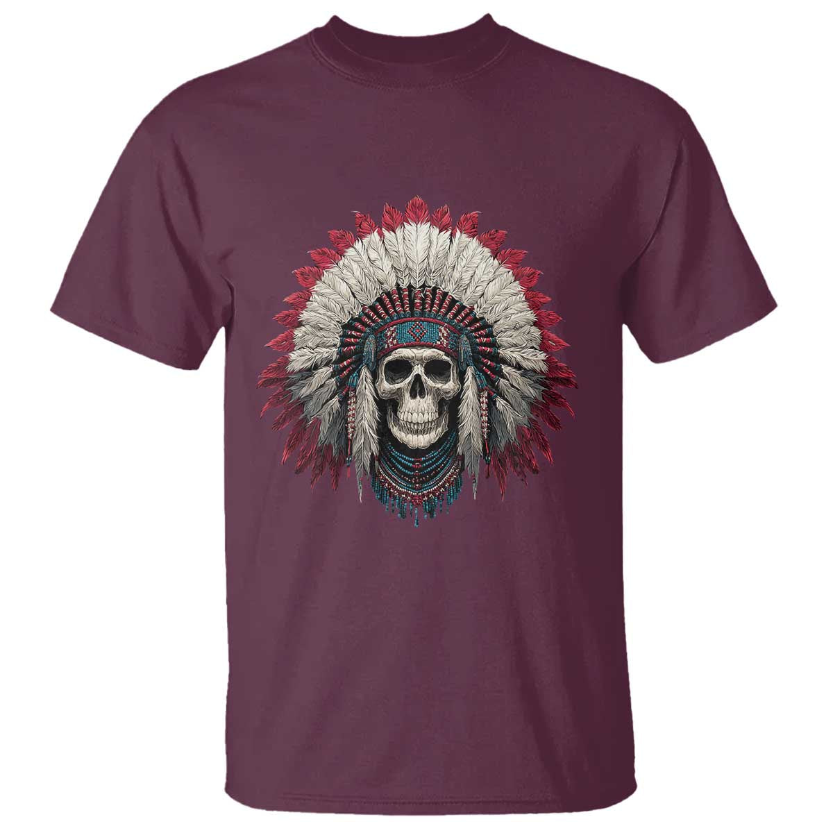 Native American Indian Chief Skull Headdress T Shirt TS11 Maroon Print Your Wear