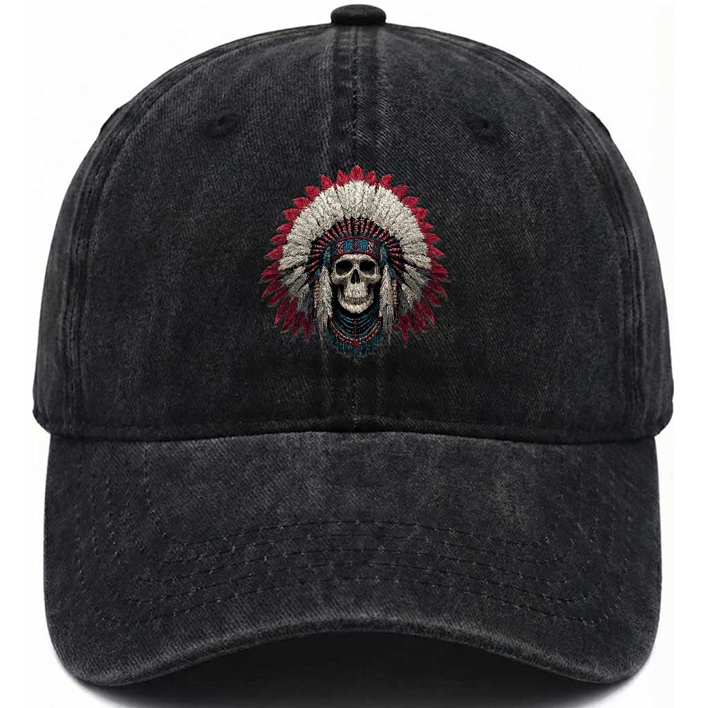 Native American Indian Chief Skull Headdress Washed Cotton Baseball Cap TS11 Print Your Wear