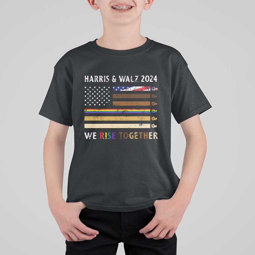 Harris Walz 2024 T Shirt For Kid We Rise Together Vintage American Flag TS11 Black Print Your Wear