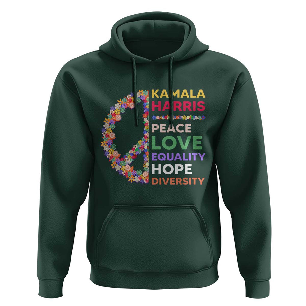Harris Supporter Hoodie Peace Love Equality Hope Diversity Retro Flower Peace Sign TS11 Dark Forest Green Print Your Wear