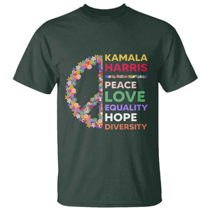 Harris Supporter T Shirt Peace Love Equality Hope Diversity Retro Flower Peace Sign TS11 Dark Forest Green Print Your Wear