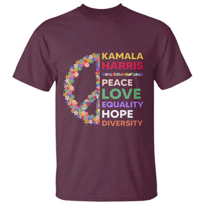 Harris Supporter T Shirt Peace Love Equality Hope Diversity Retro Flower Peace Sign TS11 Maroon Print Your Wear