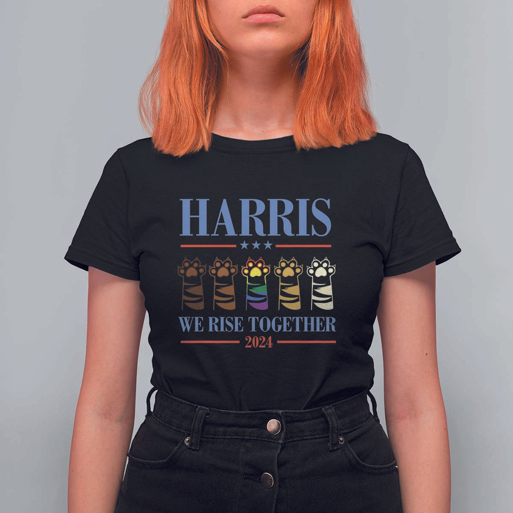 Harris We Rise Together 2024 T Shirt For Women Voting for Kamala Cat Fist Paw LGBT President Election TS11 Black Print Your Wear