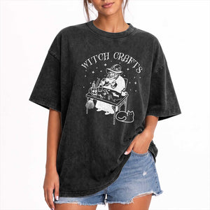 Funny Halloween Washed Cotton T-Shirt Witch Crafts Witchcraft Skull Cat Ghost