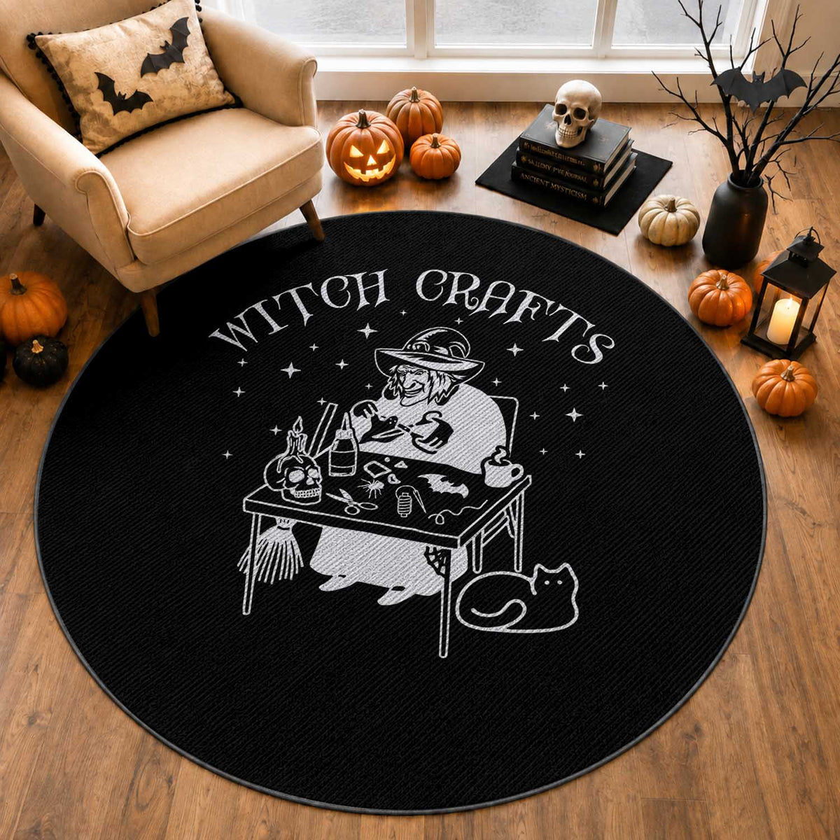 Funny Halloween Round Rug Witch Crafts Witchcraft Skull Cat Ghost