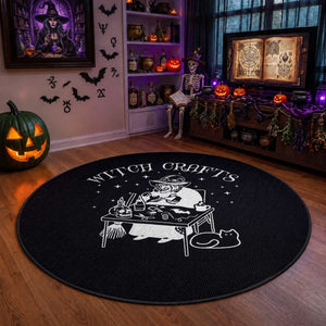 Funny Halloween Round Rug Witch Crafts Witchcraft Skull Cat Ghost